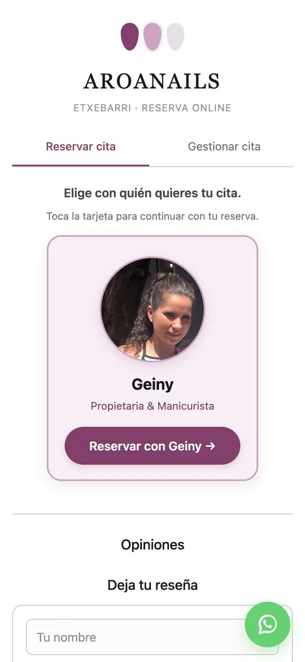 Página de reservas online de AroaNails, centro de uñas en Etxebarri, hecha por CMCoverOps